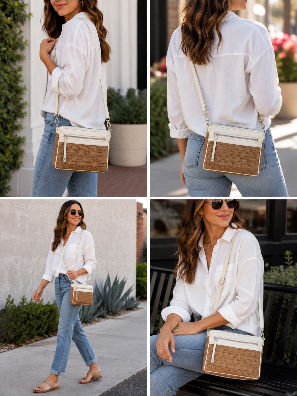 Brighton Woven Straw Leather Crossbody Bag Ivory Tan Adjustable Strap